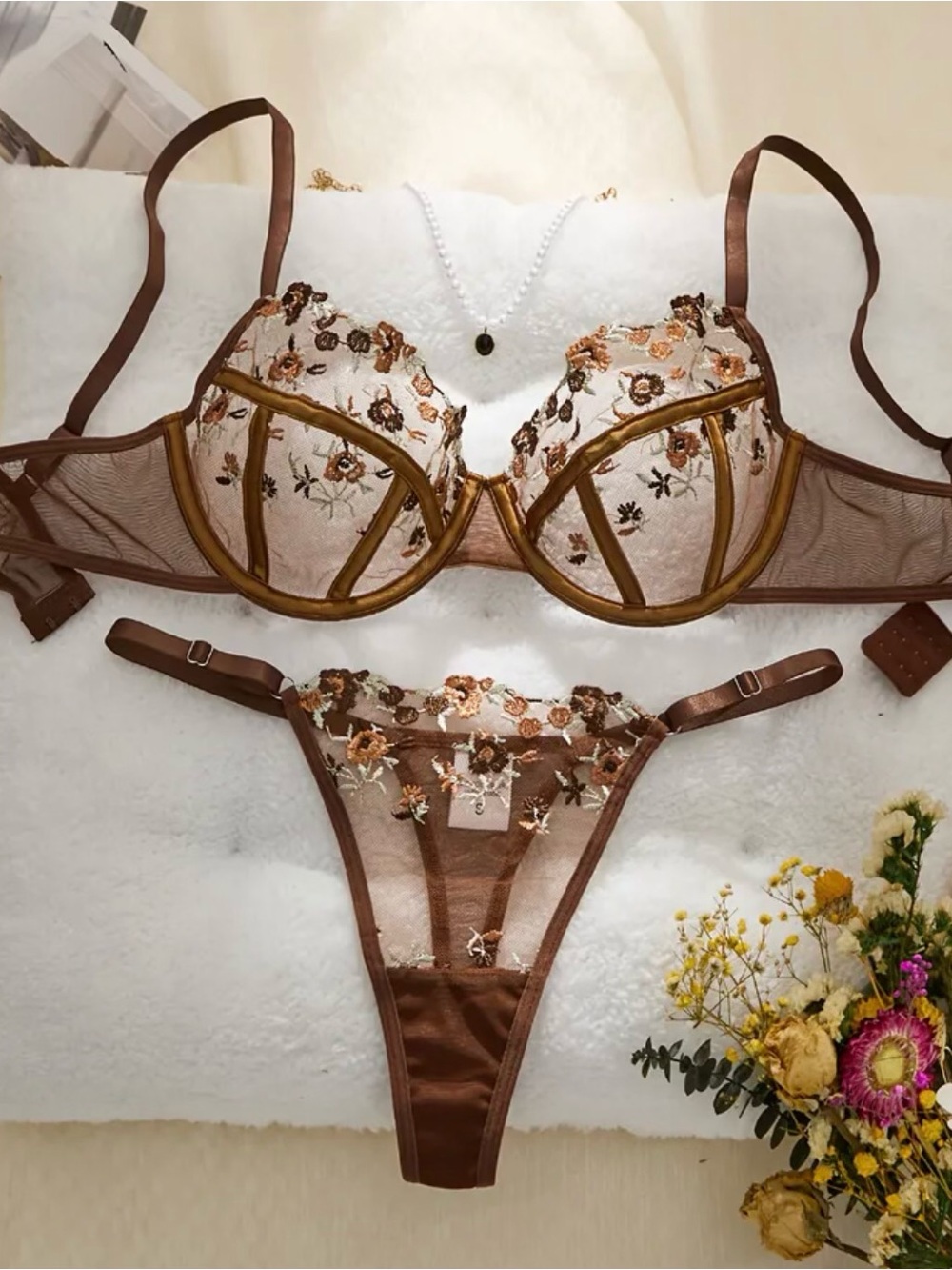 Brown Embroidered Lace Balconette Bra & Thong Set - Brown